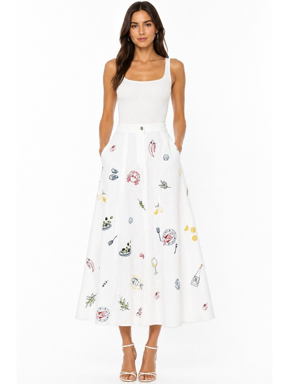Caroline Constas White Linen Blend Embroidered Seafood Maxi Skirt Size 2